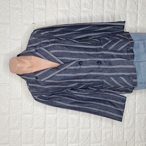 CABI 100% Linen Nautical Button Navy and White Striped Blazer Jacket w/ …